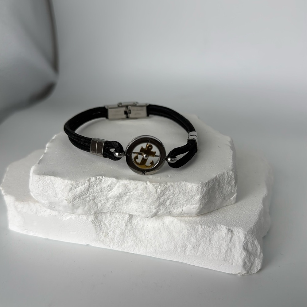 Cord And Stainless Steel Men's Bracelet With Spinning Anchor Design